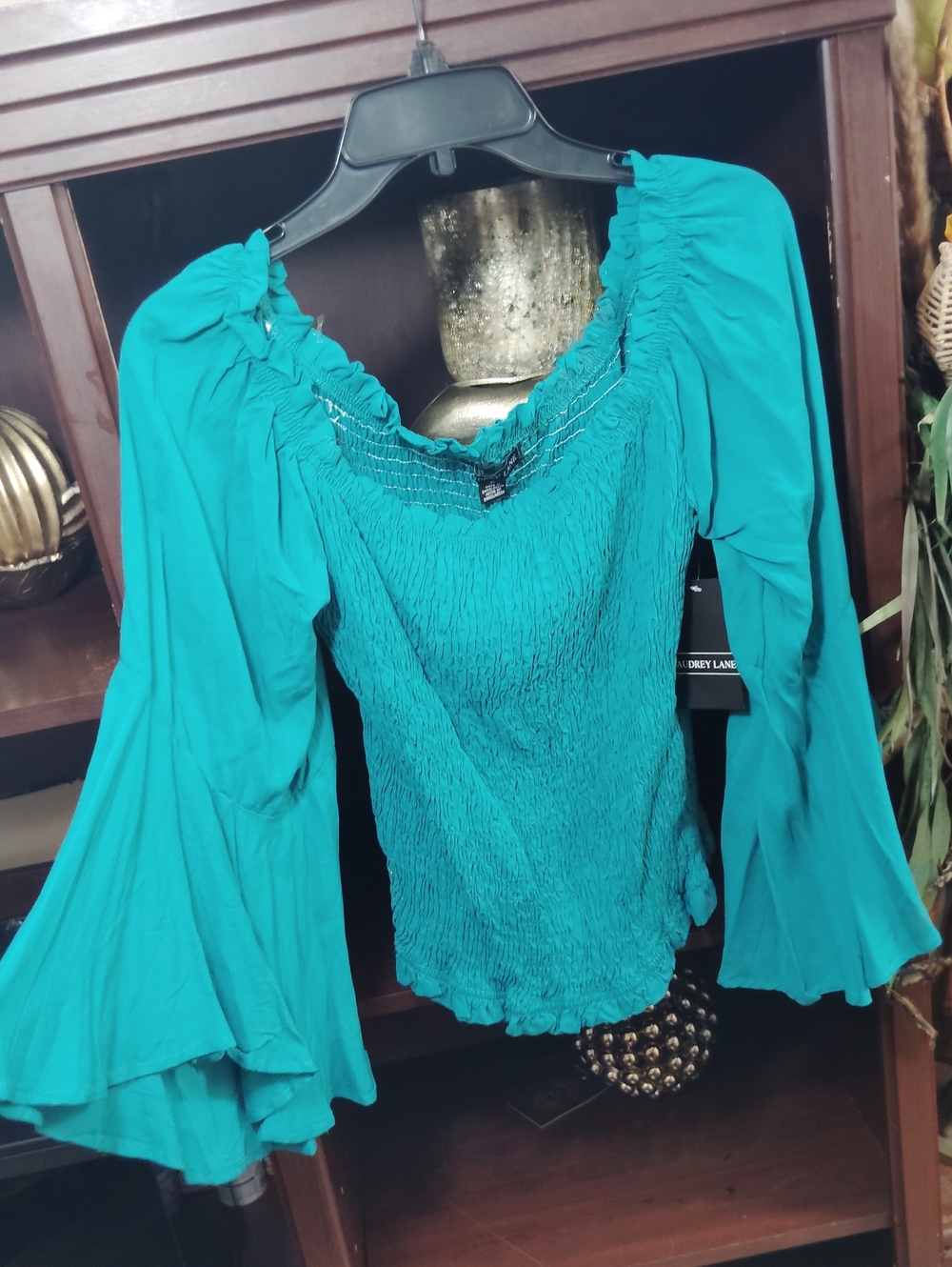 Smocked Teal Crop Top with Flared Bell Sleeves
